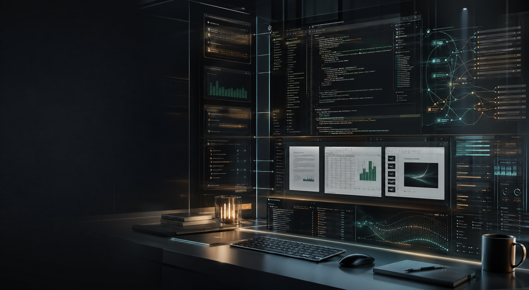 A cinematic command center interface representing Codex working across code, terminal output, and documents